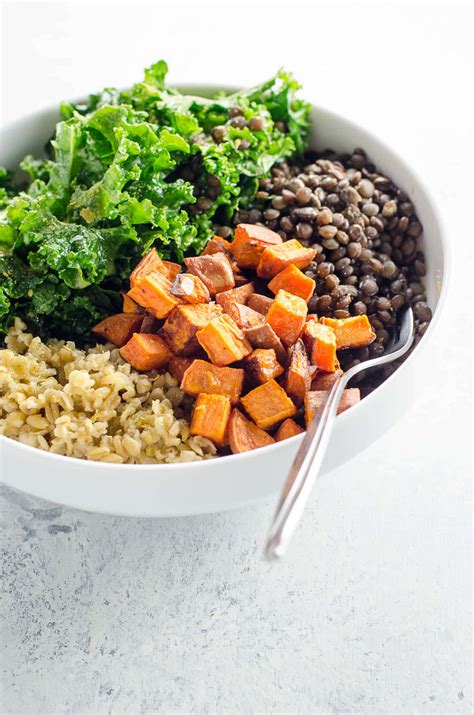 Divide the sweet potatoes and brussels sprouts between the bowls. Hearty Sweet Potato Buddha Bowl