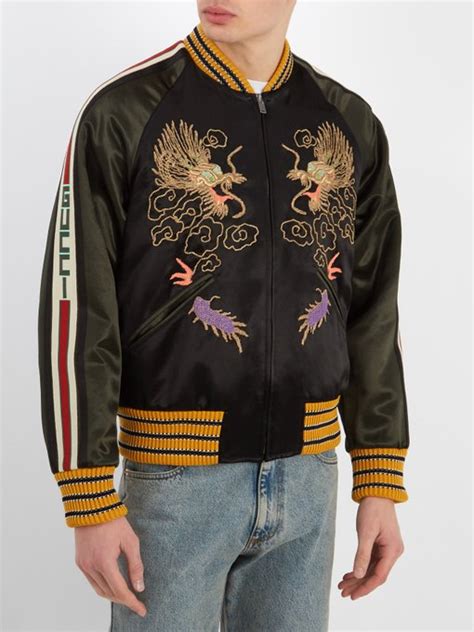 Gucci Dragon Embroidered Satin Bomber Jacket In Black Modesens