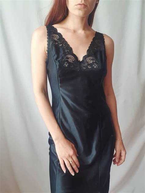 Vintage Black Slip Dress Nylon Sheer Nightgown Black Satin Etsy