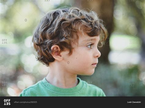 Profile Of Wavy Haired Boy In Rural Setting Stock Photo Offset