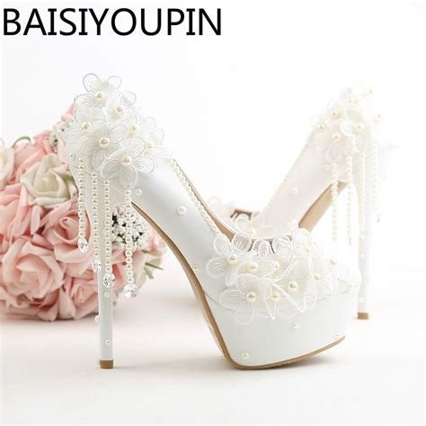Beautiful White Flowers Tassel Bridal Shoes Super High Heel 14cm