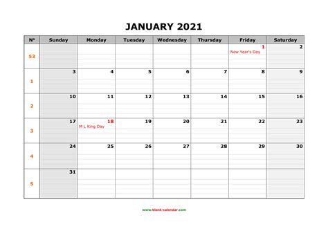 2021 Monthly Calendar Template Printable