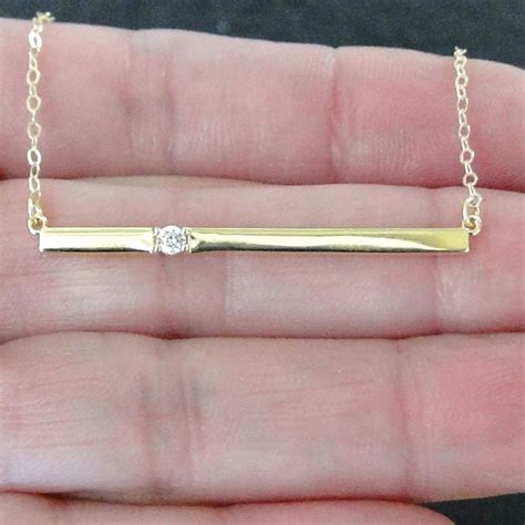 14k Gold Bar Necklace With Diamond Thin Horizontal Stick Necklace