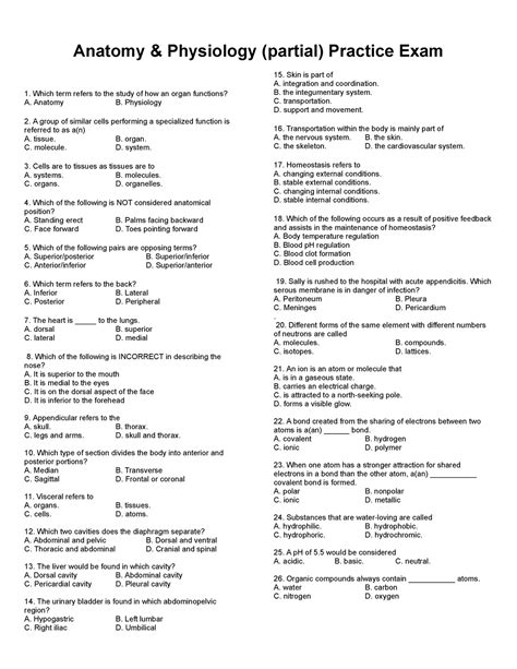 Practice Final Exam Anatomy And Physiology Partial Practice Exam