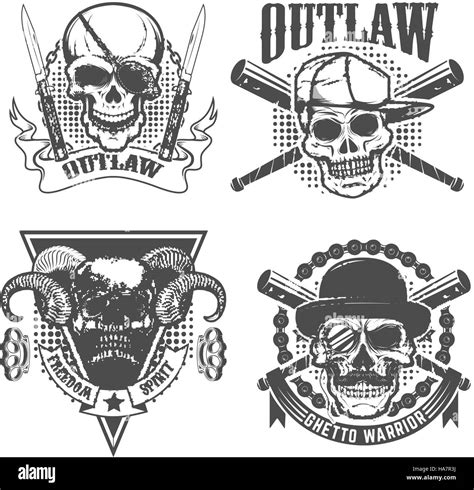 Set Of Gangster Emblems Skull With Two Crossed Knives On Grunge Stock