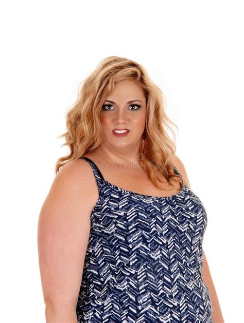 123 Plus Size Model Woman Blue Dress Isolated White Background Stock