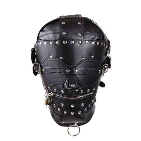 Bdsm Bondage Pu Leather Mask Full Head Harness Restraints Fetish With Blindfold Zipper Locking