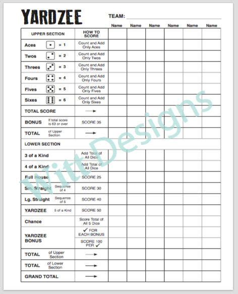 Pdf 85x11 Yardzee Print Your Own Downloadable Score Sheet Score