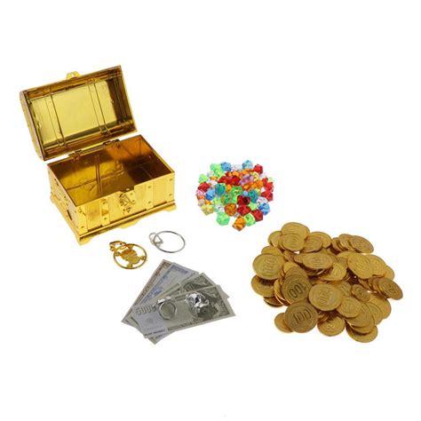 Treasure Chest Box Toy Plastic Gold Coins Pirate With Jewelry Gems Toys
