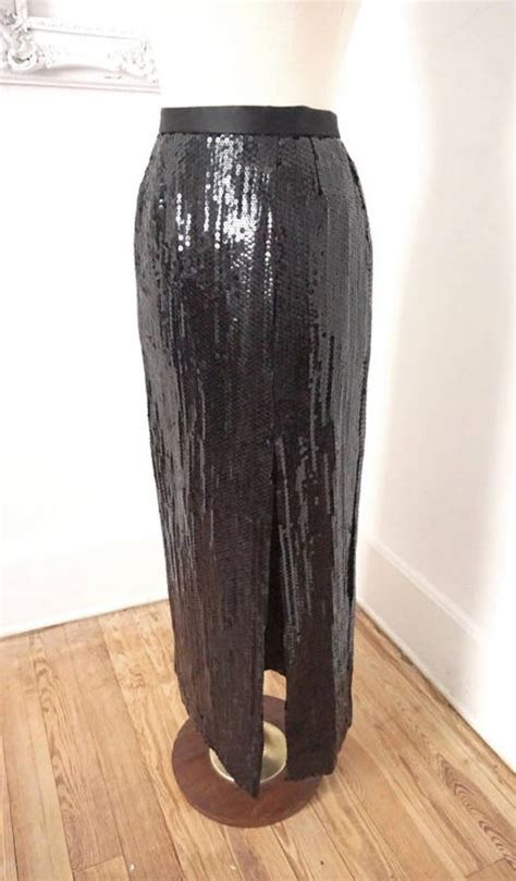 vintage victor costa long black sequin skirt with thigh high etsy