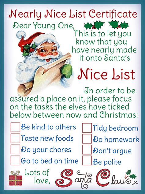 Print your free santa nice list certificate, kids will love to see their note from santa! Nearly Nice List Certificate - Rooftop Post Christmas ...