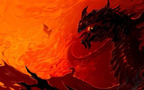 An Orange And Red Background With Two Black Dragon Heads In The