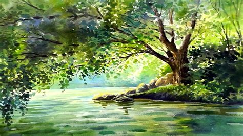 Waterway Watercolor Landscape Trees Watercolor Art And Collectibles Jan