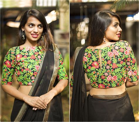 Plain silk or cotton bateau neck blouses incredibly look fantastic on plain sarees relevantly opposite colours. Black floral threadwork - boatneck | Boat neck blouse ...