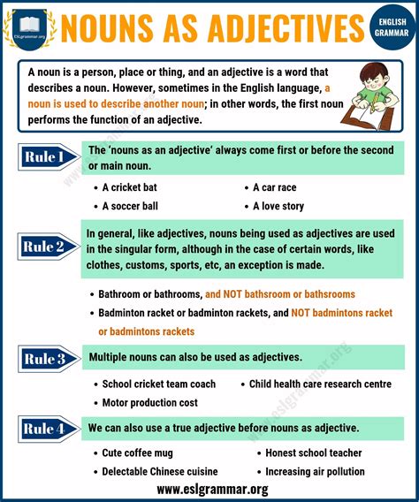 Adjectives are words that describe or modify nouns or pronouns. Nouns as Adjectives | When Nouns Act Like Adjectives - ESL ...