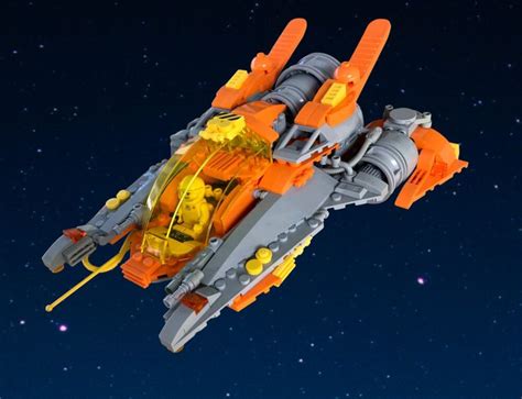 An Orange And Yellow Lego Space Ship Floating In The Air With Stars In