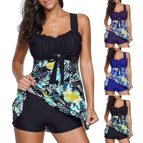Klv Pcs Women Floral Print Swimwear Tankini Plus Size Swimdress