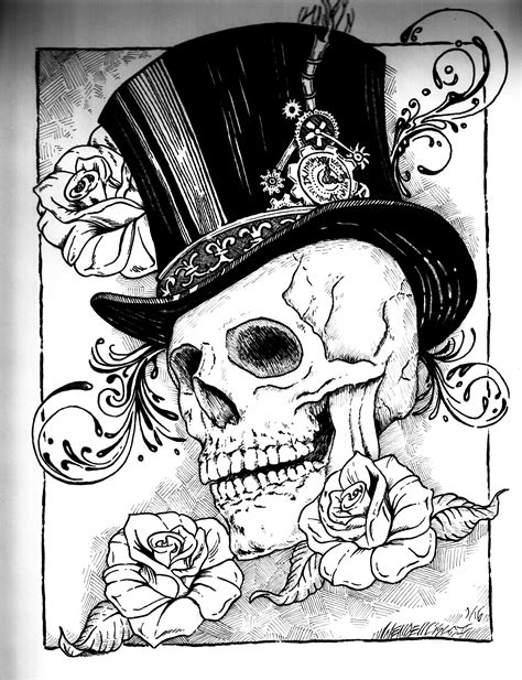 a drawing of a skull wearing a top hat with roses on it s side