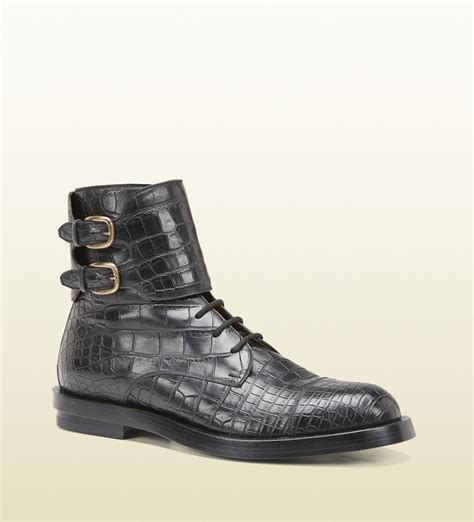 Gucci Black Crocodile Double Buckle Military Boot In Black For Men Lyst
