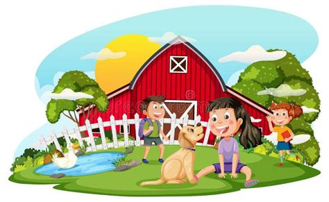 Farm Scene With Kids Cartoon Character Stock Vector Illustration Of