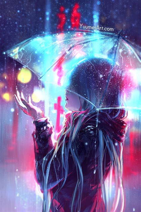 Yuumei Long Hair Anime Girls Umbrella Rain City Lights Artwork