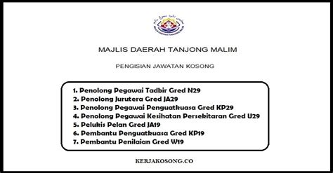 Just like other majlis daerah, it manages local development plans, licensing issues, social and. Jawatan Kosong Majlis Daerah Tanjong Malim (MDTM ...