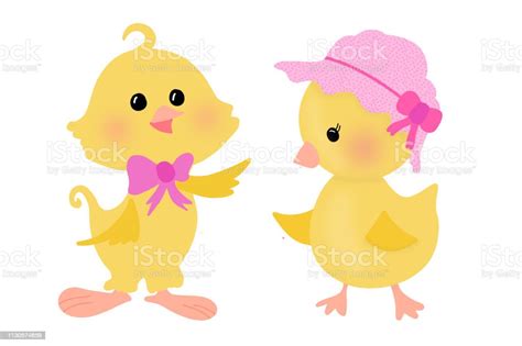 Pair Of Cute Little Cartoon Chicks Isolated On White Hand Drawn Illustration Stock Illustration
