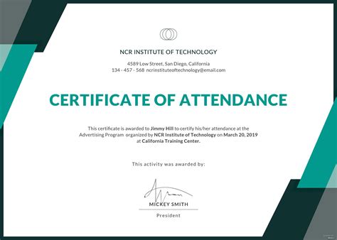 Certificate Of Attendance Template