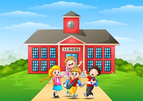 Premium Vector Happy Childrens Cartoon In Front Of School Building