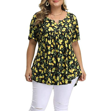 Verno Womens Plus Size Floral Blouses Henley V Neck Button Up Tunic