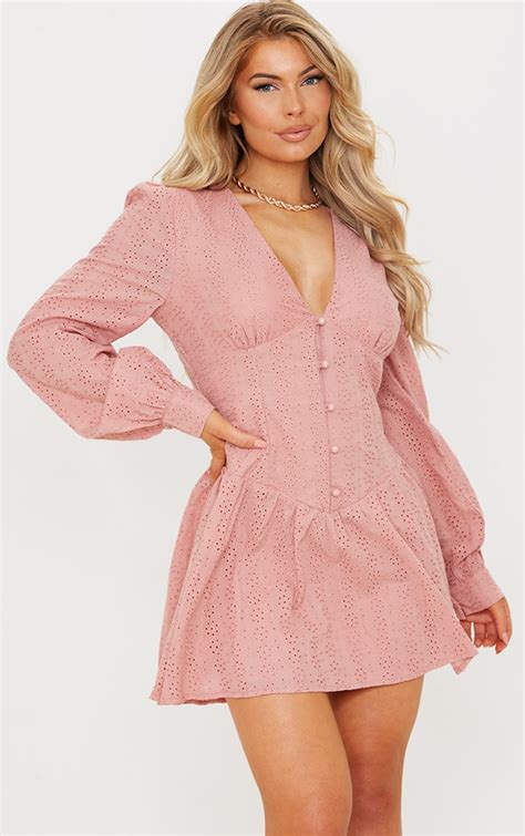 Pink Broderie Anglaise Button Detail Frill Hem Shift Dress