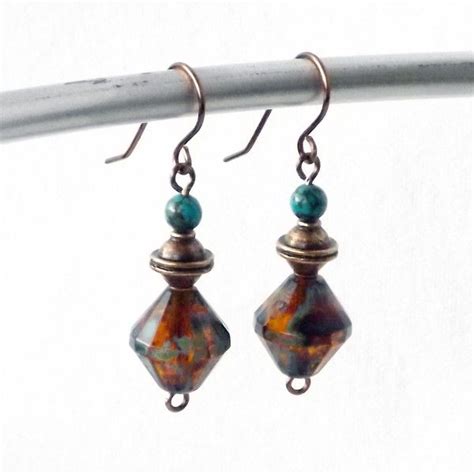 Turquoise Copper Czech Glass Earrings Sundance Style Boho Jewelry