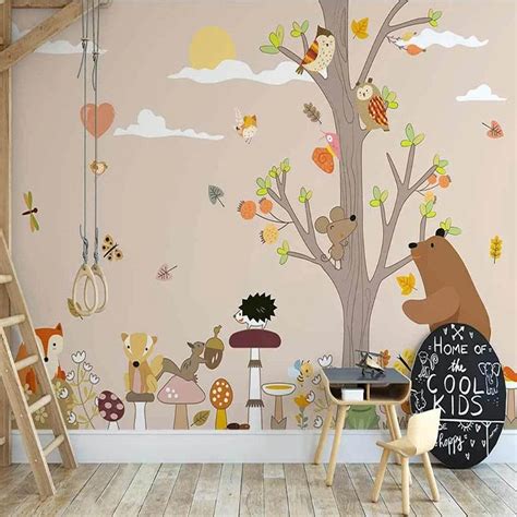Custom Wallpaper Mural Nordic Cartoon Forest Animals Bvm Home