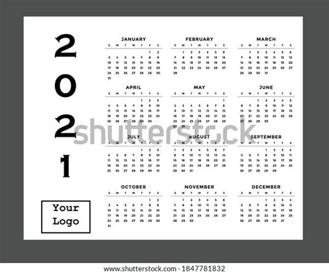 Simple Editable Vector Calendar Year 2021 Stock Vector Royalty Free