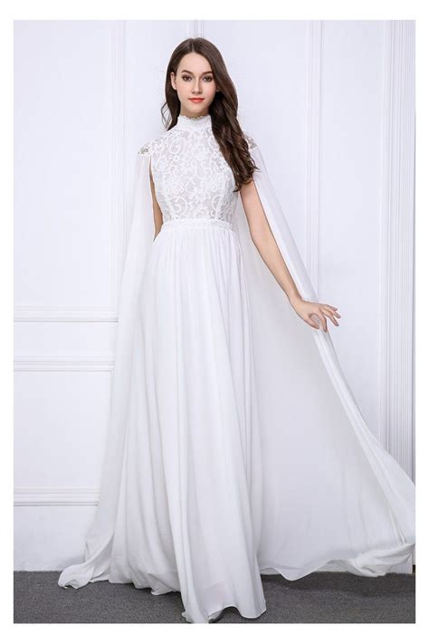 Pure White Cape Style High Neck Long Evening Gown 13254 Ck521
