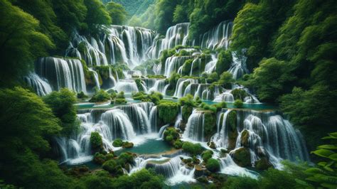 Cascading Waterfalls Lush Green Environment Capturing The Raw Power And