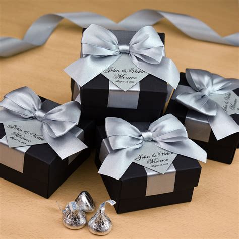 Silver Wedding Favor T Box With Satin Ribbon Bow And Your Names