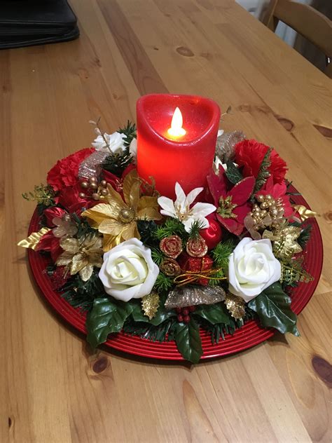 Red And Gold Round Christmas Centrepiece With Led Candle Christmas