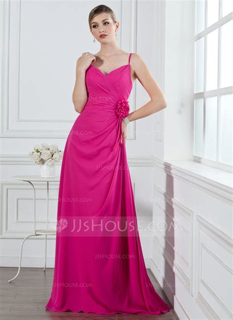 A Line Princess V Neck Floor Length Chiffon Bridesmaid Dress With Ruffle Flower S 007004269