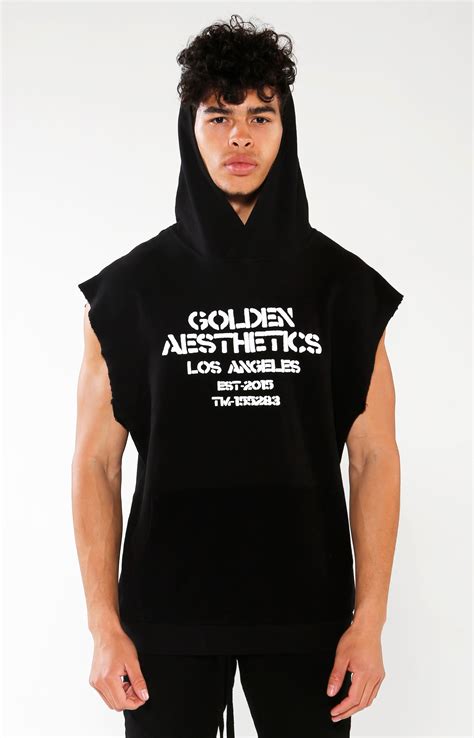 Mens Black Embossed Sleeveless Hoodie Golden Aesthetics
