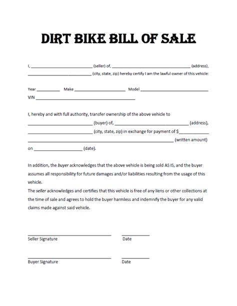 Free Printable Bill Of Sale For Dirt Bike
