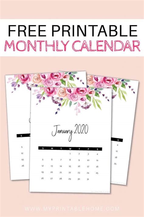 2020 Vertical Monthly Calendar Flowers My Printable Home