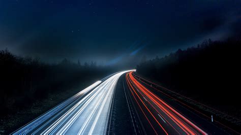Asphalt Dark Freeway Lights Sky Night Motion Blur