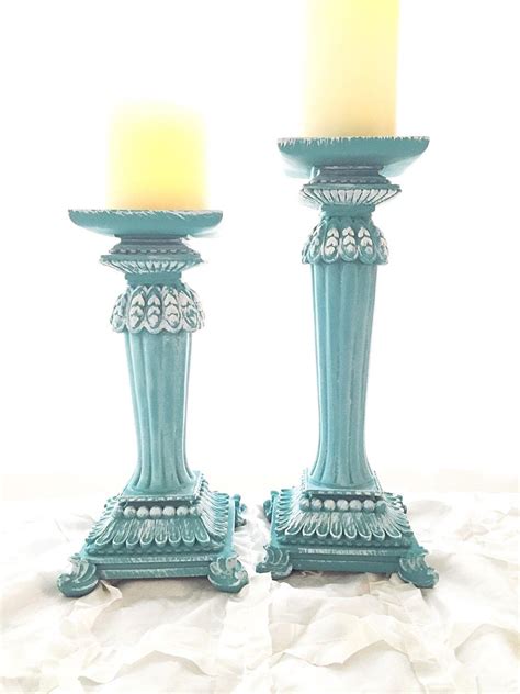 Turquoise Tall Candle Sticks Holders Wedding Home Mantle Decor Etsy
