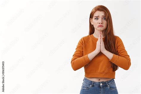 Upset Silly Cute Redhead Girlfriend Grimacing Upset Hold Palms Together Pray Begging Favour