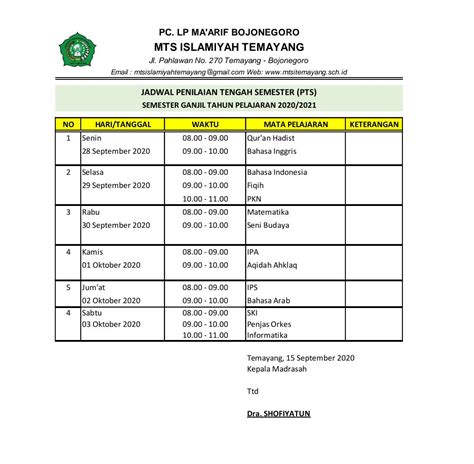 Jadwal Pts Semester Ganjil Mts Islamiyah Temayang