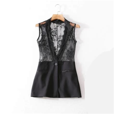 Fashion Sexy Vest For Women Lace Patchwork Single Button 2019 Office Ladies Vests Perspective V