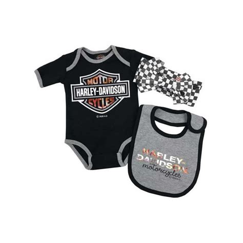 Harley Davidson Baby Girls Metallic Infant Creeper Set W Hat And Bib