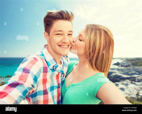 Happy Couple Taking Selfie On Summer Beach Stock Photo Alamy