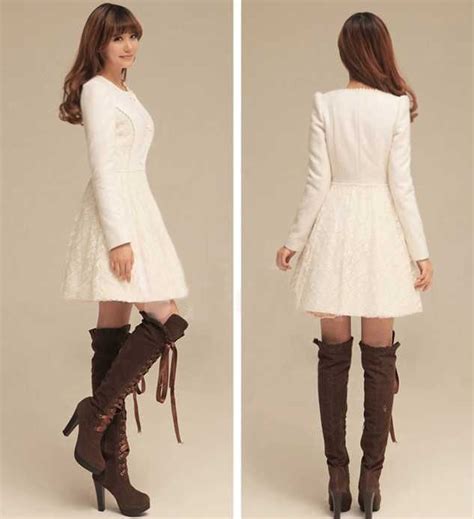 White Women Woolen Winter Lace Dress Style Long Jacket Coat Vintage